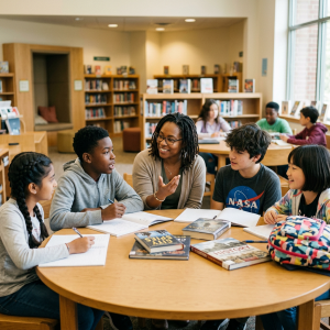 Mentor with four diverse middle schoolers in discussion